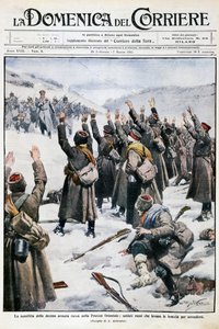 Nederlag av tiende russiske hær i Øst-Preussen: Russiske soldater løfter armene i overgivelse, plate av Achille Beltrame (1871-1945) fra La Domenica del Corriere, 28. februar-7. mars 1915 av Achille Beltrame