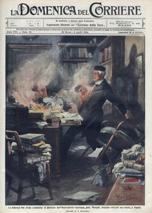 Døde i laboratoriet sitt i Napoli av Giuseppe Mercalli (1850 -1914), italiensk seismolog og vulkanolog. Illustrasjon av Achille Beltrame for "" La domenica del corriere""". 1914. av Achille Beltrame