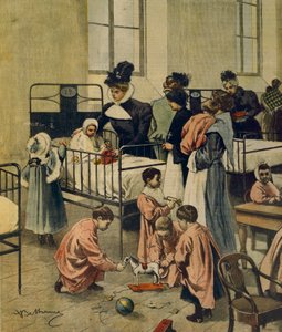 Utdeling av julegaver til fattige barn på sykehus, av Achille Beltrame, illustrasjon, Illustratør Achille Beltrame (1871-1945), fra La Domenica del Corriere, 23. november 1900 av Achille Beltrame
