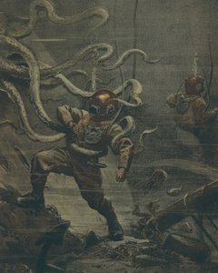 Dykker blir angrepet av gigantisk blekksprut under dykk, av Achille Beltrame, illustrasjon, illustratør Achille Beltrame (1871-1945), fra La Domenica del Corriere, 25. oktober 1908 av Achille Beltrame