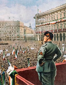 Duces tale på Piazza Duomo i Milano, av Achille Beltrame (1871-1945) fra utgaven av La Domenica del Corriere, mai 1930 av Achille Beltrame