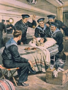 Jordskjelv i Messina, barn blir reddet av marinen fra ruiner og transportert med skip, av Achille Beltrame, illustrasjon, Illustrator Achille Beltrame (1871-1945), fra La Domenica del Corriere, 28. desember 1908 av Achille Beltrame