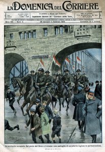 Engelsk tilstedeværelse i Tyskland: militære tropper på en Rhin-bro i Köln. Illustrasjon av Beltrame. La Domenica del Corriere. 01/1919. av Achille Beltrame