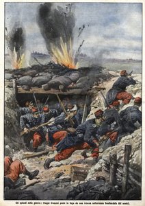 Episode av krigen i 1914: Franske tropper i skyttergravene blir bombet av fiender. “La Domenica del Corriere” av Achille Beltrame