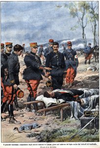 Episode av krigen i 1914: General Noel Edouard de Curieres de Castelnau (1851-1944), sjef for den franske hæren i Lorraine, sverger til liket av sin døde sønn for å hevne ham. Illustrasjon av Achille Beltrame i "" La Domenica del Corriere"" av Achille Beltrame