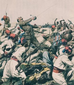 Etiopisk angrep på Lugh garnison og drap på kaptein Bongiovanni, av Achille Beltrame, illustrasjon, Achille Beltrame (1871-1945), fra La Domenica del Corriere av Achille Beltrame