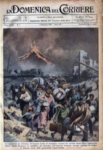Utvandring av befolkningen i El Salvador etter jordskjelvet og utbruddene fra Santa Rita-vulkanen. Illustrasjon av Achille Beltrame i "" La domenica del corriere"" 03/01/1937. av Achille Beltrame