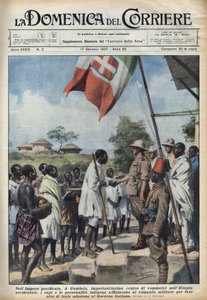 Fascisme 1937: Møter i Gambela, handelssenteret til det etiopiske riket, for urbefolkningshøvdinger og personligheter for å foreta en handling om tiltredelse til den italienske regjeringen. Illustrasjon av Achille Beltrame i "" La domenica del corriere"" 1 av Achille Beltrame