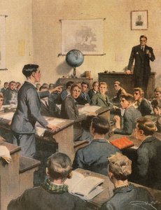 Kamp mot analfabetisme, barn på skolen, av Achille Beltrame, illustrasjon, Illustratør Achille Beltrame (1871-1945), fra La Domenica del Corriere av Achille Beltrame