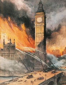 Brann ved Westminster Palace, London, etter tysk bombing, illustrasjon fra 