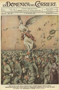 Første verdenskrig 1918 - Italia i krigen. Seiers dag. I herlighetens time. Etter en titanisk kamp, de enorme ofrene, dødsfallene, stormene, har Army of Italy, de heroiske romerske legionene som kjempet for det aller helligstes sak, løftet offeret av Achille Beltrame