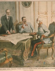 Franz Joseph I, keiser av Østerrike, diskuterer okkupasjonen av Montenegro, omslagsillustrasjon fra 'La Domenica del Corriere' av Achille Beltrame