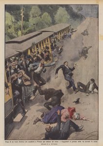 Rømning av en elektrisk trikk som gikk ned til Firenze på grunn av brudd på bremsen, hopper reisende? av Achille Beltrame