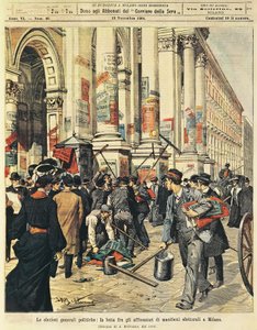 Stortingsvalg i Milano: konfrontasjoner mellom mennesker som henger politiske plakater i Milano, av Achille Beltrame (1871-1945), fra La Domenica del Corriere av Achille Beltrame