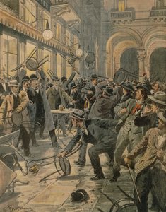 Generell arbeiderstreik i Milano, opptøyer i Galleria Vittorio Emanuele II, av Achille Beltrame, illustrasjon, illustratør Achille Beltrame (1871-1945), fra La Domenica del Corriere av Achille Beltrame