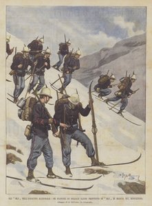 SKJ-ene i National Army, en platong av alpine soldater utstyrt med SKJ-er som marsjerer på Mont Cenis