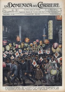Stor urenhet av Tokyo-innbyggere for å hylle Italia og Tyskland etter anerkjennelsen av den nye Manchukuo-staten (Manchukuo eller Manzhouguo) Illustrasjon av Achille Beltrame i "La domenica del corriere""" av 12/12/1937 av Achille Beltrame