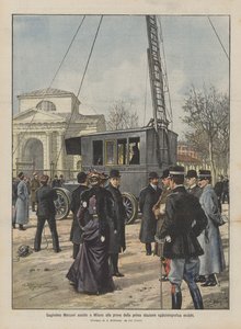 Guglielmo Marconi deltar på prøven til den første mobile radiotelegrafstasjonen i Milano av Achille Beltrame