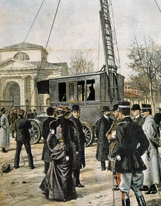 Guglielmo Marconi assisterer i Milano til testen av den første Stazione Radio Mobile. Illustrasjon av Achille Beltrame for "Domenica del Corriere"" (1906). Gravering. av Achille Beltrame