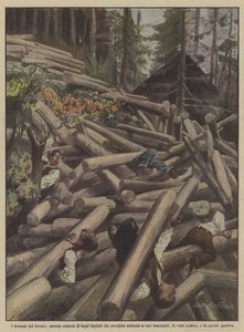Arbeidets dramaer, en enorm haug med kuttet ved som faller på ulike tømmerhoggere? av Achille Beltrame