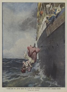 Livets dramaer, en ung dame som kaster seg fra en havbåt med babyen sin og begge drukner av Achille Beltrame
