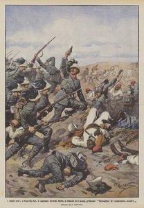 Våre helter, i Kars-Bu-Adi, kaptein Civardi, såret, skynder seg blant de første og roper? av Achille Beltrame