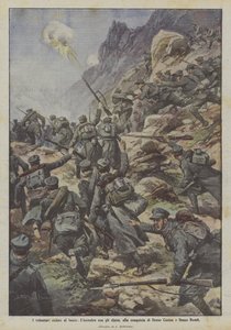 Frivillige syklister ved bålet, møte med alpine tropper, erobre Dosso Casina og Dosso Remit av Achille Beltrame