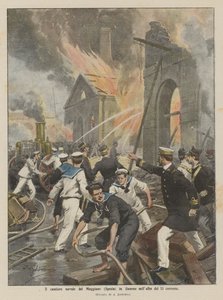 Verftet til Muggiano (Spezia) i flammer i morgengryet av det 13. av Achille Beltrame