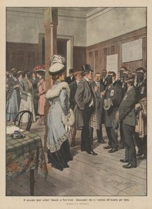 Det hvite slavemarkedet i New York, arbeidsledige som selger seg selv på auksjon for sult (farge litho) av Achille Beltrame