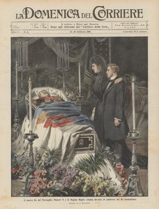 Den nye kongen av Portugal Manuel II og dronningmor Amelia foran den myrdede kongens lik av Achille Beltrame