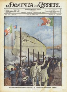 Lanseringen av super-dreadnought Caracciolo, i R Cantiere di Castellammare di Stabia av Achille Beltrame