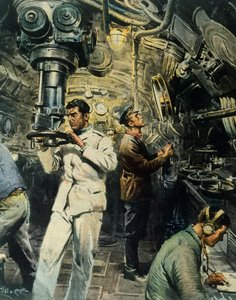 Interiør av ubåt, av Achille Beltrame (1871-1945), illustrasjon fra La Domenica del Corriere, 28. desember av Achille Beltrame