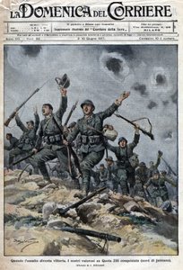 Italiensk hær vant over østerriksk-ungarske tropper på Karstfjellene i Slovenia. Italienerne gikk dermed videre mot Trieste. ill. de Beltrame. La Domenica del Corriere. 06/1917. av Achille Beltrame