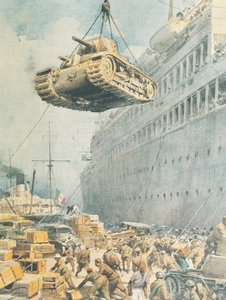 Italiensk konvoi som ankommer destinasjonen i Libya, av Achille Beltrame, illustrasjon, illustratør Achille Beltrame (1871-1945), fra La Domenica del Corriere av Achille Beltrame