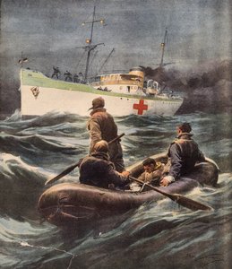 Italiensk sykehusskip som reddet fire tyske flyvere som ble skutt ned, av Achille Beltrame (1871-1945), illustrasjon fra La Domenica del Corriere, 23. februar av Achille Beltrame