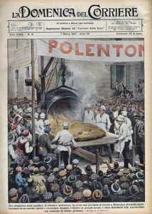 Italiensk populær festival: polenta geante (polentone) organisert i en by nær Asti i Veneto. Illustrasjon av Achille Beltrame i "La Domenica del Corriere" "av 07/03/1937. av Achille Beltrame