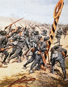 Italienske soldater som krysser den østerrikske grensen, av Achille Beltrame (1871-1945), illustrasjon fra La Domenica del Corriere, juni 1915 av Achille Beltrame