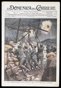Italienske soldater setter frisisk hest på skyttergrav, tallerken av Achille Beltrame (1871-1945) for Domenica del Corriere, 2.-9. april 1916, første verdenskrig, Italia, 1900-tallet av Achille Beltrame