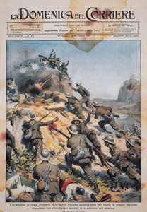 Italienske tropper rykker frem på etiopisk jord, illustrasjon fra La Domenica del Corriere, 20. oktober av Achille Beltrame