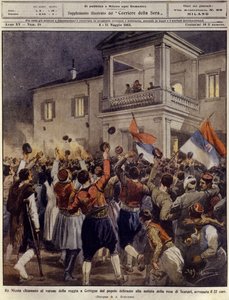 Kong Nicholas I av Montenegro foran en folkemengde i Cettigne etter overgivelsen av byen Shkoder, 4. mai av Achille Beltrame