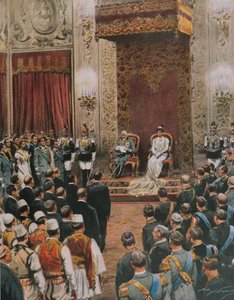 Konge av Italia, Vittorio Emanuele III av Savoy, blir kronet til konge av albanere, av Achille Beltrame, illustrasjon, illustratør Achille Beltrame (1871-1945), fra La Domenica del Corriere av Achille Beltrame