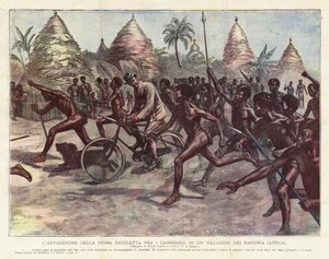 Åpenbaringen av den første sykkelen blant kannibaler, i en landsby i Bangwa (Afrika) av Achille Beltrame