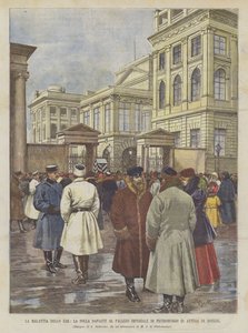 Tsarens sykdom, folkemengden foran keiserpalasset i Petersburg venter på nyheter