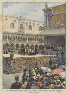Rekonstruksjon av Campanile di San Marco, i Venezia, velsignelsen av den første steinen (25. april)