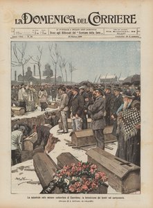 Katastrofen i Courrieres-kullgruvene, velsignelsen av kistene på kirkegården av Achille Beltrame