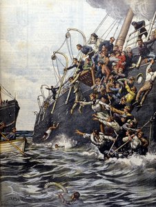 Libanon-katastrofen: passasjerer kaster seg i sjøen etter kollisjonen med en annen rutebåt utenfor kysten av Marseille. Illustrasjon av Beltrame. Domenica del corriere. 1903. av Achille Beltrame