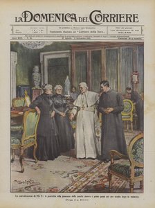 Rekonvalesensen til Pius X, paven i nærvær av søstrene som tar de første skrittene i hans?
