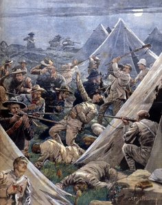 Boerekrigen eller Transvaal-krigen i Sør-Afrika mellom engelskmennene og boerne: sistnevnte angrep en engelsk leir ved Tweenfontein. Illustrasjon av Beltrame. Domenica del corriere. 1902. av Achille Beltrame