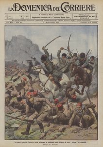 Den nye krigen, tyrkisk infanteri angrep og feid inn i skyttergravene av en sotnia av kosakker av Achille Beltrame