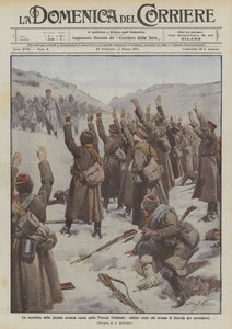 Nederlaget til den russiske 10. armé i Øst-Preussen, russiske soldater løfter armene for å overgi seg